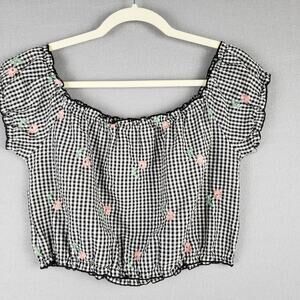 Tres Bien Size S Smocked Crop Top Black‎ Gingham Plaid Floral Cottagecore Granny